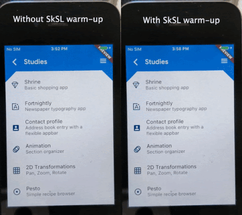 animation without and with the SkSL warm-up